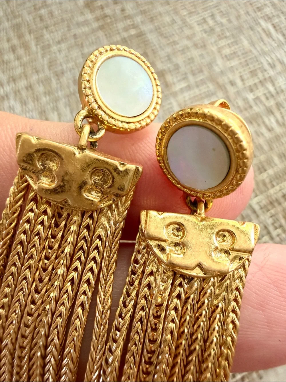 Tory Burch Dramatic Gold ChainTassel Earrings MOP Cabochon Pierced/Post